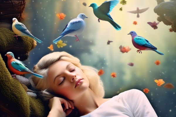 beauutiful girl sleeping while watching different types of birds in sleep